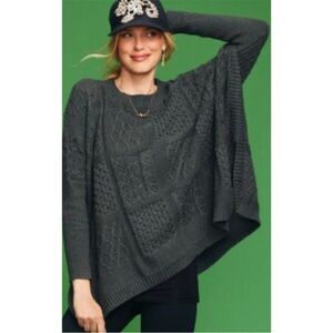 $138 CAbi slouch poncho style cable knit sweater in charcoal gray. S